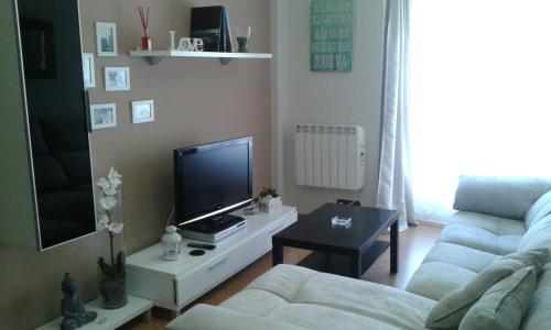 a living room with a couch and a tv at Bermejo Apartamento in Candás