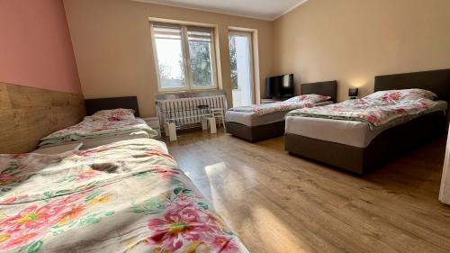 a room with three beds and a tv in it at Noclegi Witoszyn - Akacjowa 2 in Witoszyn Dolny