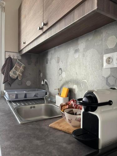Eine Küche mit Spüle und Toaster auf der Arbeitsfläche. in der Unterkunft Laundry House in Sinarádes