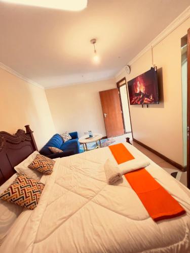 a bedroom with a large bed with a tv on the wall at GREENFIELD STUDlO DONHOLM in Nairobi