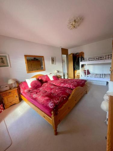 a bedroom with a large bed with a red comforter at Small bijoux Disentiserhof in Disentis