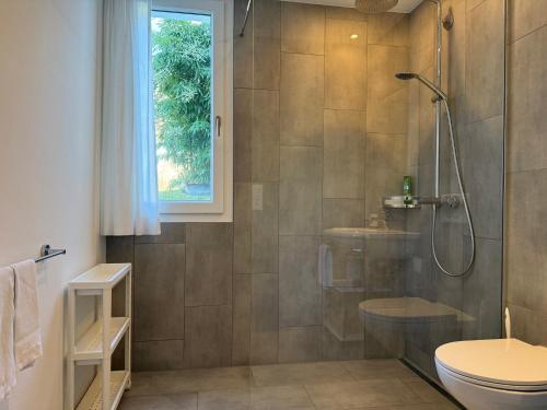 a bathroom with a shower and a toilet at Ferienwohnung Biendi in Trimmis
