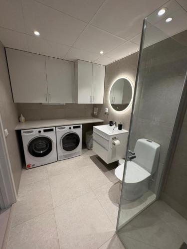 a bathroom with a washing machine and a toilet at Bexam Apartment in Växjö