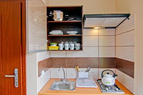 a kitchen counter with a sink and a tea pot at Pod Kasztanem in Świnoujście