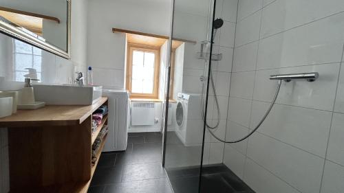 a bathroom with a shower and a sink at Tgesa communala Mon in Mons