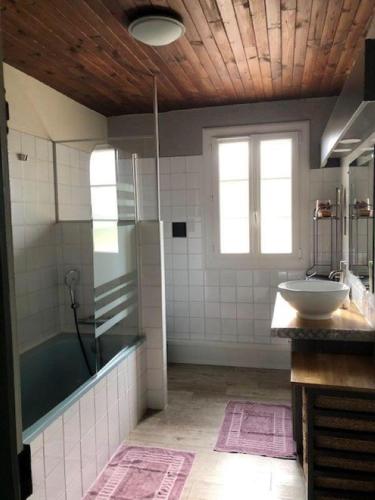 a bathroom with a tub and a sink and a mirror at Le ry de pouzioux in Chauvigny