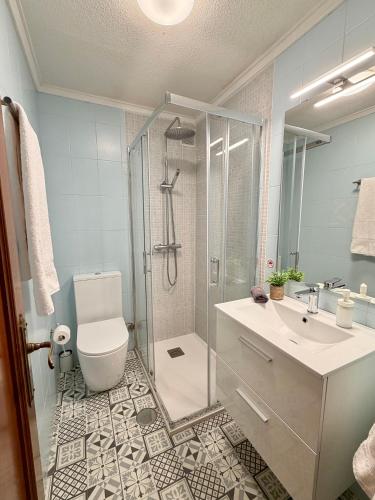 a bathroom with a shower and a toilet and a sink at Villa Yoli, céntrico con plaza de garaje in Avilés
