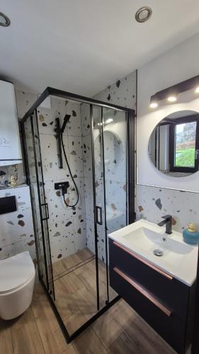 a bathroom with a shower and a sink at Domek na Ogrodowej in Tylicz