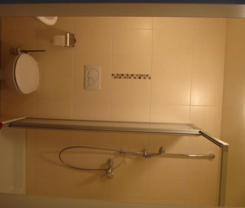a bathroom with a shower with a towel rack at Hotel Zur Kripp in Koblenz