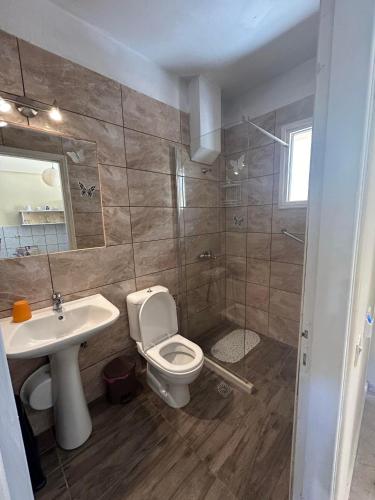 a bathroom with a toilet and a sink and a shower at Spiros & Maria Hotel in Agios Stefanos