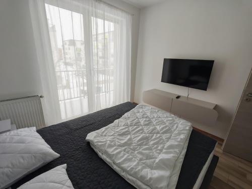 a bedroom with a bed and a flat screen tv at Juniper 3 Business in Kecskemét