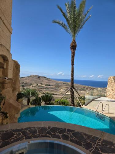 a pool with a palm tree and the ocean at Belvedere Boutique Living Gozo in Żebbuġ
