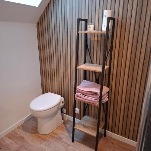 a bathroom with a toilet and a wooden wall at Gite De La Baguelande in Les Andelys