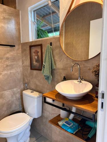 a bathroom with a sink and a toilet and a mirror at Nonna Paulina in Timbó