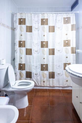 a bathroom with a toilet and a shower curtain at Casa da Ramada in Campo do Gerês