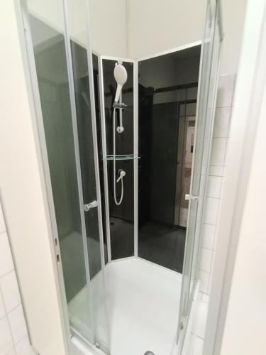 a shower with a glass door in a bathroom at 1 bedroom apartment 2 guests in Aschaffenburg