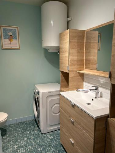 a bathroom with a washing machine and a sink at Cabourg Face A La Mer in Cabourg