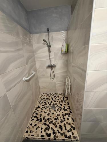 a bathroom with a shower and a black and white floor at Nid Garona in Carbonne