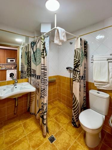 a bathroom with a toilet and a sink at Hostal la Colmena in Ávila
