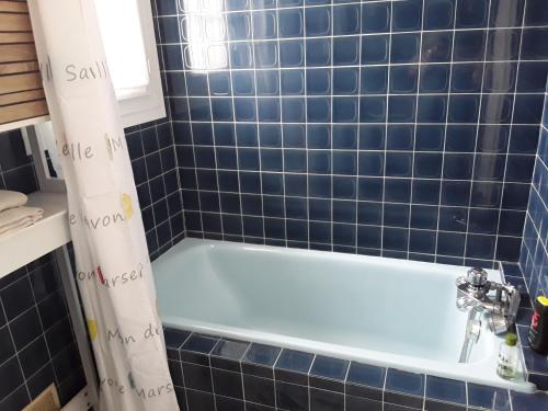 a blue tiled bathroom with a bath tub at La maison de J et B étage entier in Tarbes