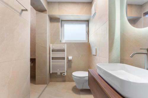a bathroom with a toilet and a sink and a window at Lake Lodge Ossiacher See in Annenheim