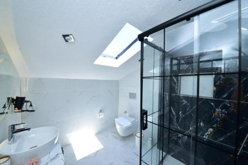 a bathroom with a shower and a sink and a toilet at Villa Belmora Villa Asgora in Demre