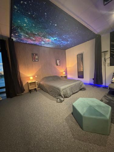 a bedroom with a bed and a star ceiling at Studio La Bobine in Coincy