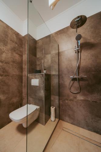 a bathroom with a toilet and a glass shower at Riverline Apartman in Odorheiu Secuiesc