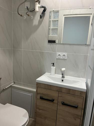 a bathroom with a sink and a toilet and a mirror at Studio Centre Ville in Tarbes