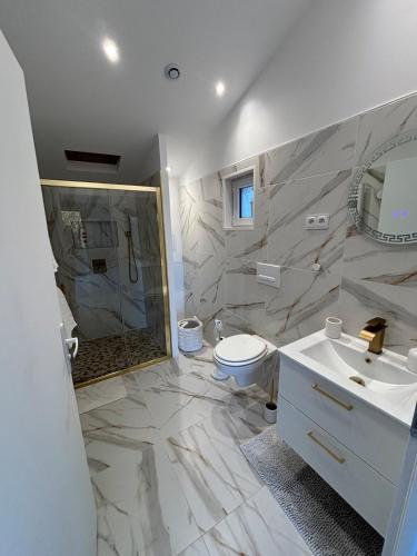 a bathroom with a sink and a shower and a toilet at La Suite du Maine SAINTES in Saintes