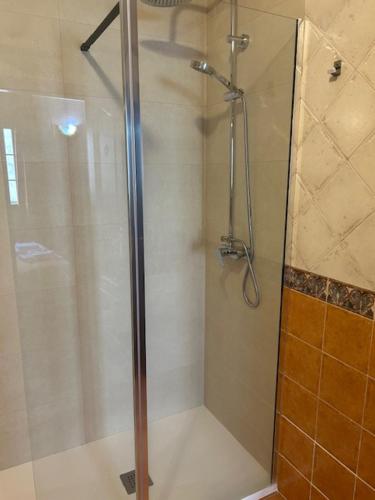 a shower with a glass door in a bathroom at Hotel Cadalso - Casa Moncho in Cadalso de los Vidrios