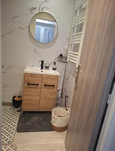 a bathroom with a sink and a mirror at Charmant studio Thionville in Thionville