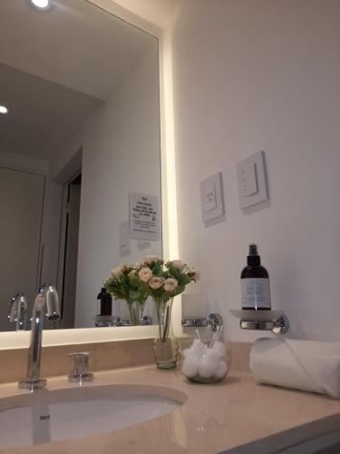 a bathroom sink with a mirror and a vase of flowers at Legui Suites in Salta