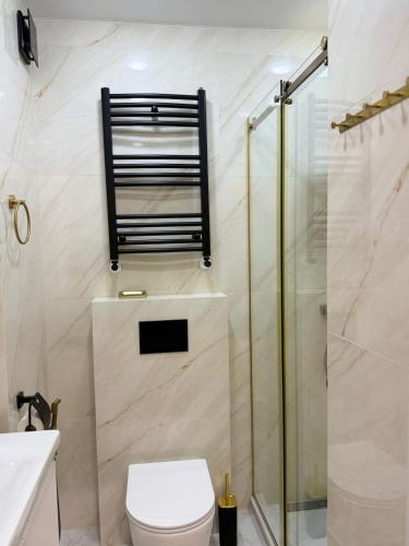 a bathroom with a toilet and a glass shower at next apartment lux in Batumi