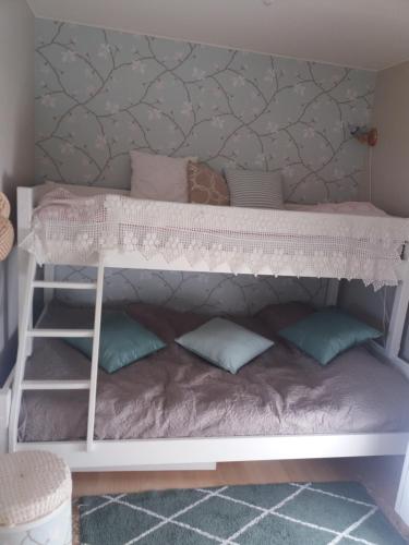 ein Etagenbett in einem Zimmer mit Kissen in der Unterkunft Synnseter in Nord Torpa