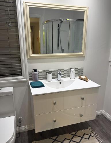 a bathroom with a white sink and a mirror at Nelson Escape in Nelson