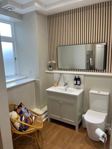 a small bathroom with a sink and a toilet at Ascot House Apartment in Hurstpierpoint