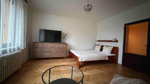 a living room with a tv and a bed at U Aleny pod Radhoštěm in Rožnov pod Radhoštěm
