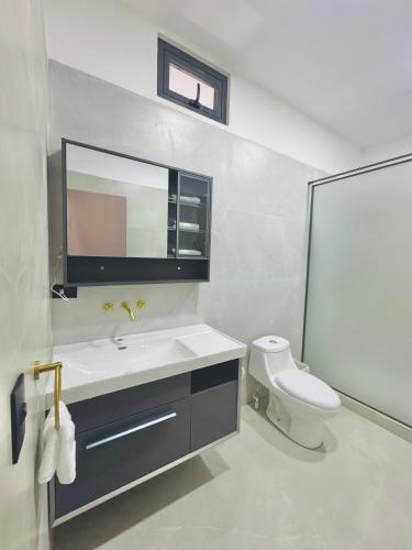 a bathroom with a sink and a toilet and a mirror at TOKIO - Apartamentos by Luxury Atitlan in San Pedro La Laguna