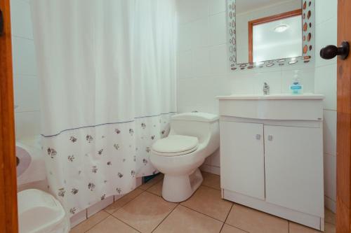 a bathroom with a toilet and a sink and a mirror at Apart Hotel Escala Real in Coquimbo