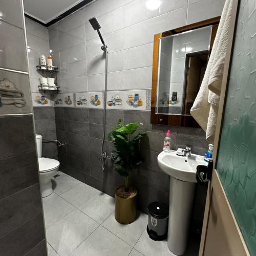 a bathroom with a sink and a toilet and a mirror at Akchour waterfalls in Akchour