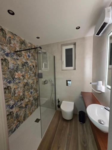 a bathroom with a shower and a toilet and a sink at Belvedere Boutique Living Gozo in Żebbuġ