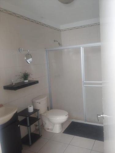 a bathroom with a toilet and a shower and a sink at Casa Altamirano in La Paz