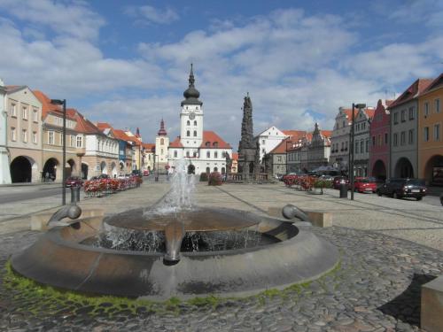 a water fountain in the middle of a city at Zlatý Lev Žatec in Žatec