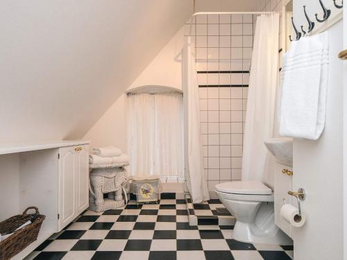 a bathroom with a toilet and a black and white checkered floor at 4 star holiday home in Skanderborg in Skanderborg
