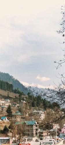 a view of a city with mountains in the background at Hotel Vamika in Manāli