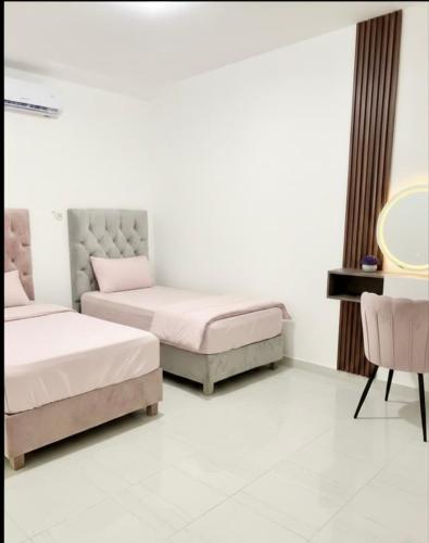 a bedroom with two beds and a mirror at Loft shaula in Tapachula