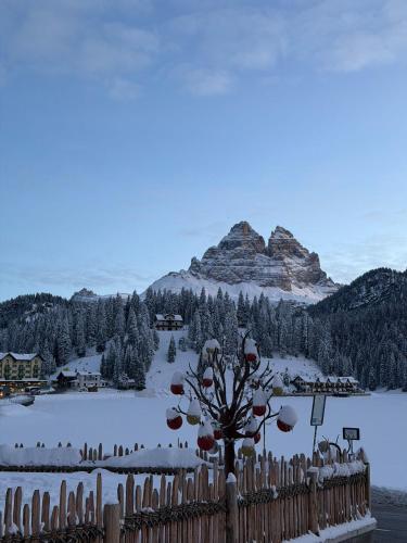a fence with a snow covered mountain in the background at Alla Vecchia Dogana in Misurina