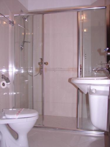 a bathroom with a shower and a toilet and a sink at Hotel Amfibia in Primorsko