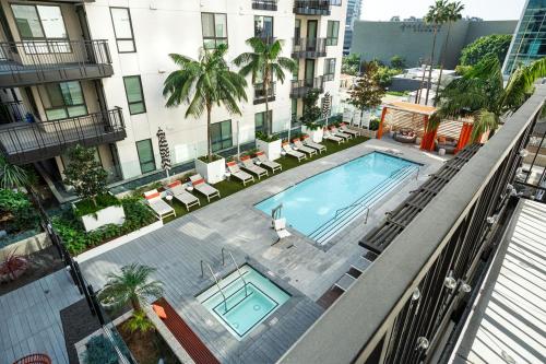 an overhead view of a swimming pool on a building at Luxury 1BDR centrally located in Hollywood in Los Angeles